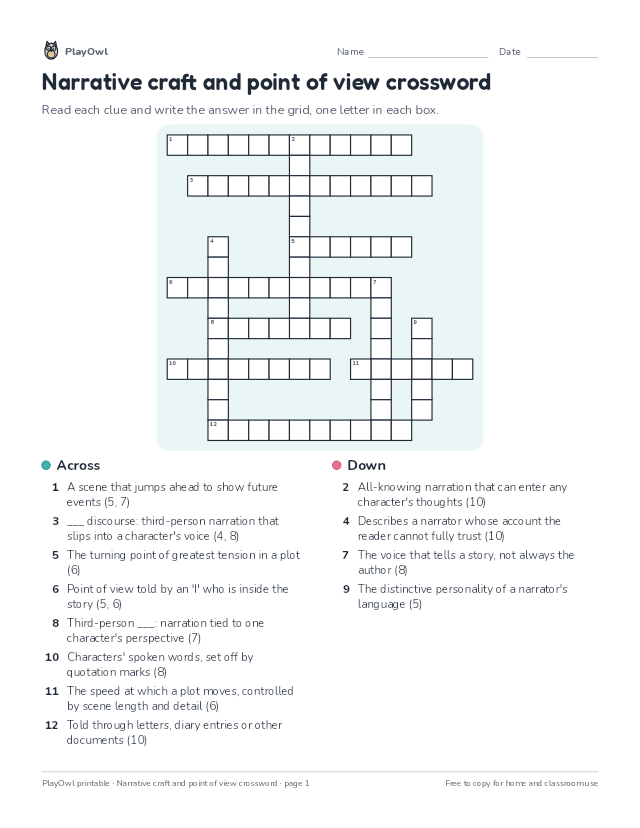 Narrative craft and point of view crossword: crossword puzzle for Grade 10, page 1 preview