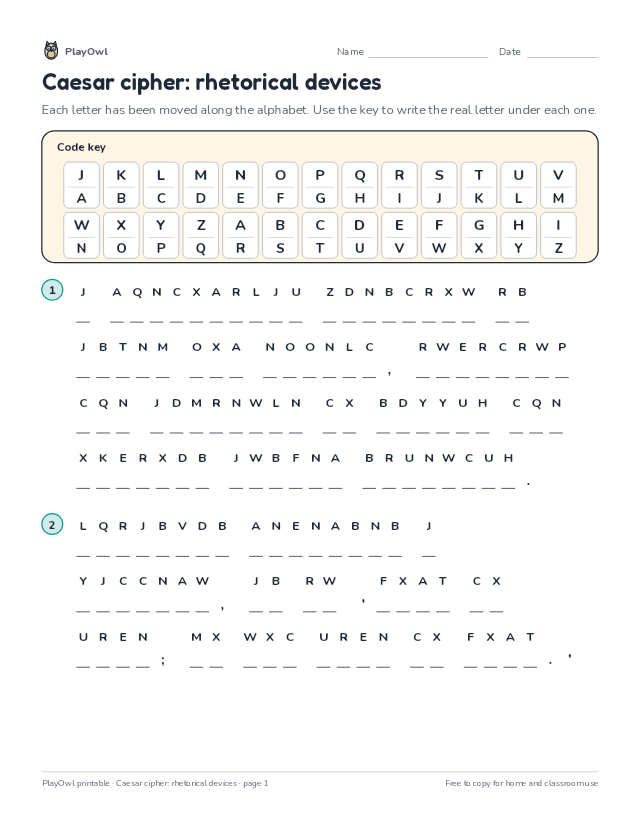 Caesar cipher: rhetorical devices: secret code puzzle for Grades 10–12, page 1 preview