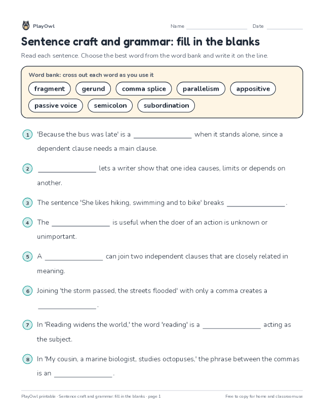 Sentence craft and grammar: fill in the blanks: fill-in-the-blank worksheet for Grade 10, page 1 preview