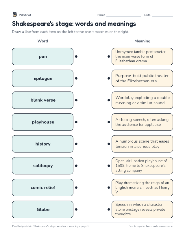 Shakespeare's stage: words and meanings: matching worksheet for Grade 10, page 1 preview