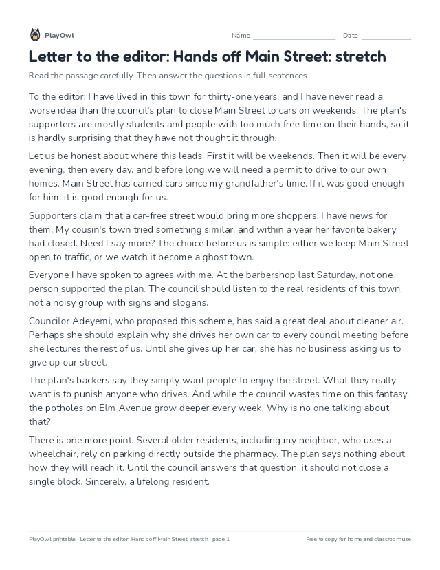 Letter to the editor: Hands off Main Street: stretch: reading passage for Grade 10, page 1 preview