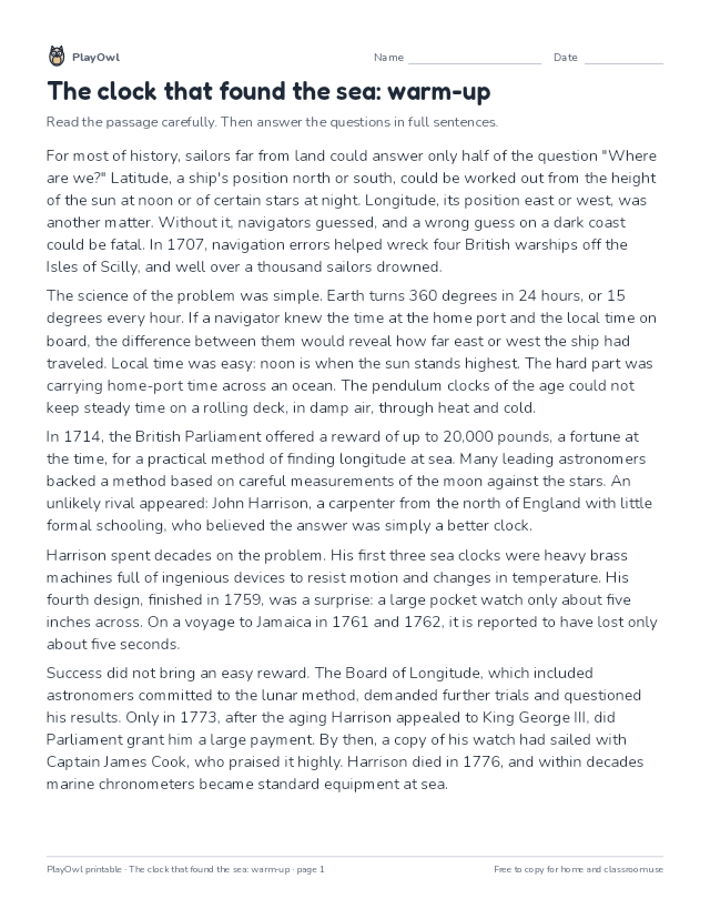 The clock that found the sea: warm-up: reading passage for Grade 10, page 1 preview