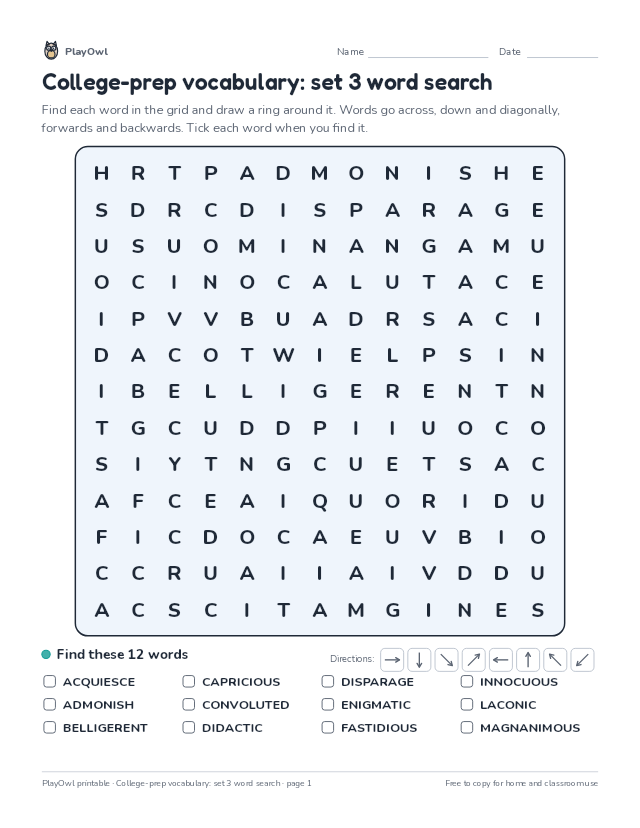 College-prep vocabulary: set 3 word search: word search for Grades 10–11, page 1 preview