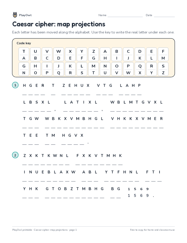 Caesar cipher: map projections: secret code puzzle for Grade 10, page 1 preview