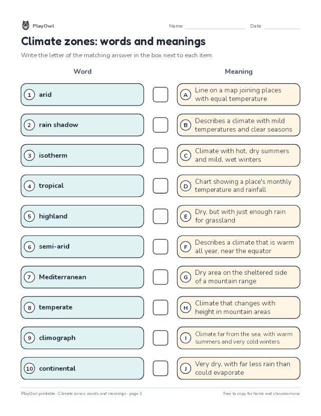Climate zones: words and meanings: matching worksheet for Grade 10, page 1 preview