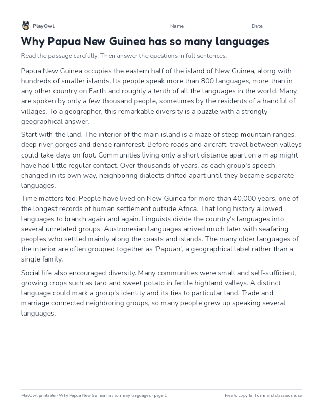 Why Papua New Guinea has so many languages: reading passage for Grades 10–11, page 1 preview