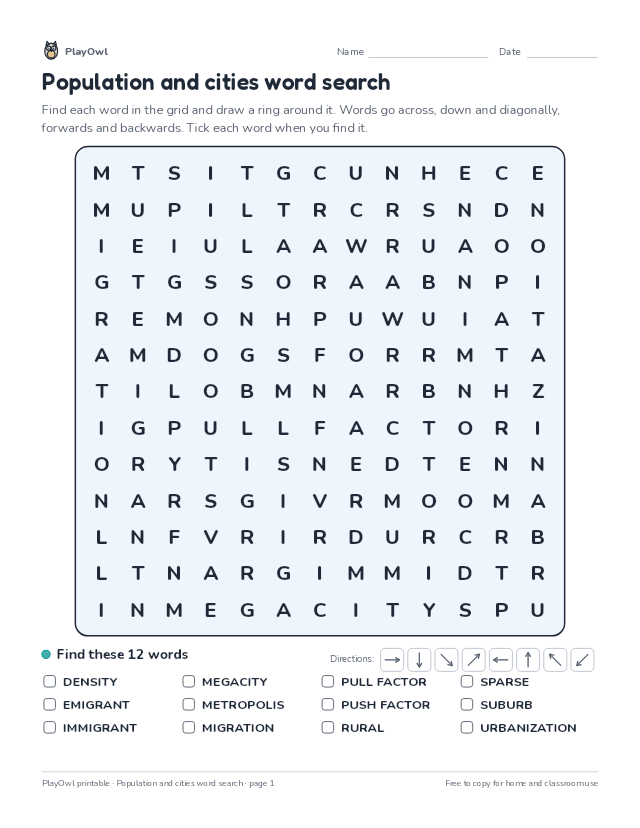 Population and cities word search: word search for Grade 10, page 1 preview