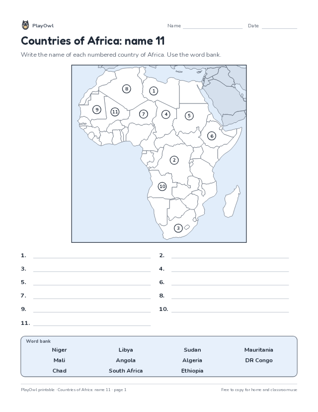 Countries of Africa: name 11: map worksheet for Grade 10, page 1 preview