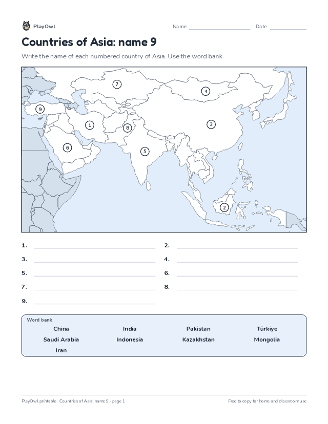 Countries of Asia: name 9: map worksheet for Grade 10, page 1 preview