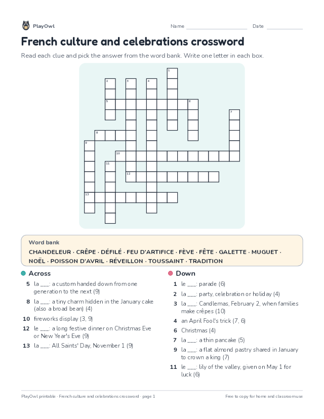 French culture and celebrations crossword: crossword puzzle for Grade 10, page 1 preview