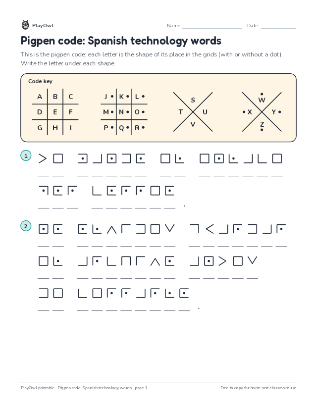 Pigpen code: Spanish technology words: secret code puzzle for Grade 10, page 1 preview