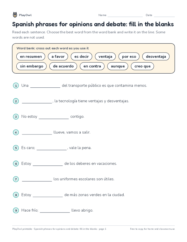Spanish phrases for opinions and debate: fill in the blanks: fill-in-the-blank worksheet for Grade 10, page 1 preview