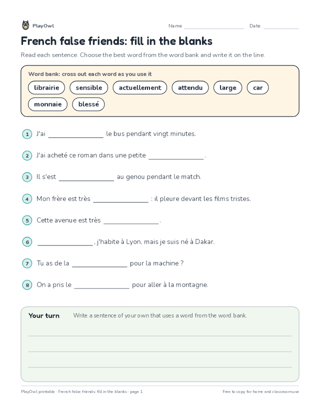 French false friends: fill in the blanks: fill-in-the-blank worksheet for Grade 10, page 1 preview