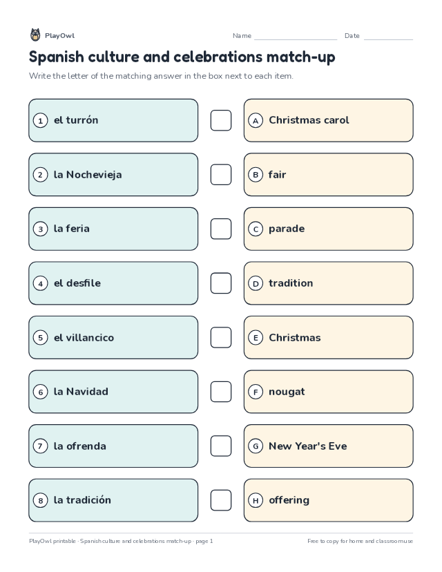 Spanish culture and celebrations match-up: matching worksheet for Grade 10, page 1 preview