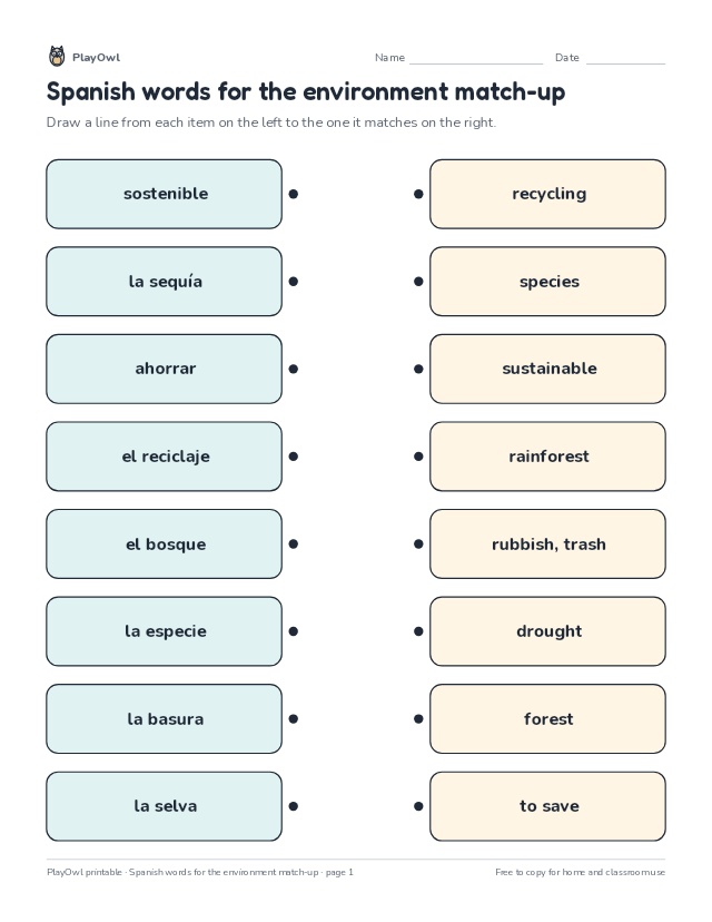 Spanish words for the environment match-up: matching worksheet for Grade 10, page 1 preview