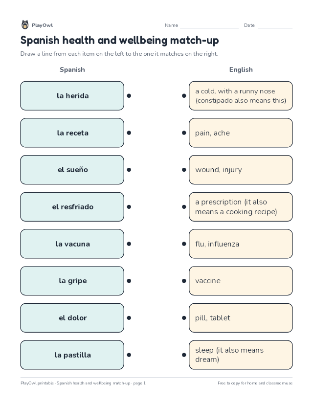 Spanish health and wellbeing match-up: matching worksheet for Grade 10, page 1 preview
