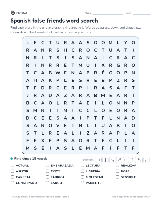 Spanish false friends word search: word search for Grade 10, page 1 preview