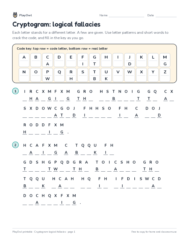 Cryptogram: logical fallacies: secret code puzzle for Grade 10, page 1 preview