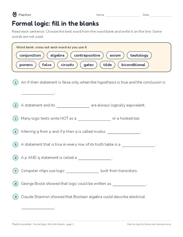 Formal logic: fill in the blanks: fill-in-the-blank worksheet for Grade 10, page 1 preview