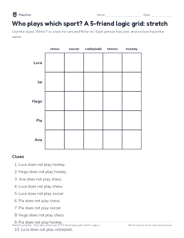 Who plays which sport? A 5-friend logic grid: stretch: logic puzzle for Grade 10, page 1 preview