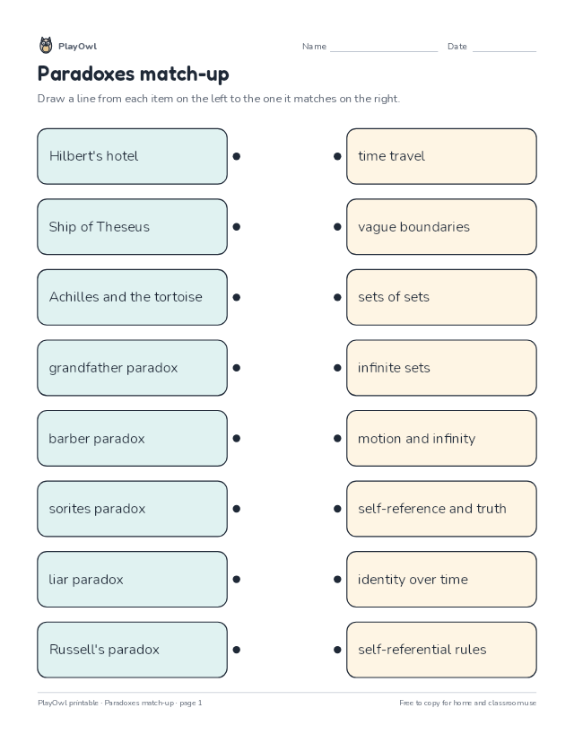 Paradoxes match-up: matching worksheet for Grades 10–12, page 1 preview