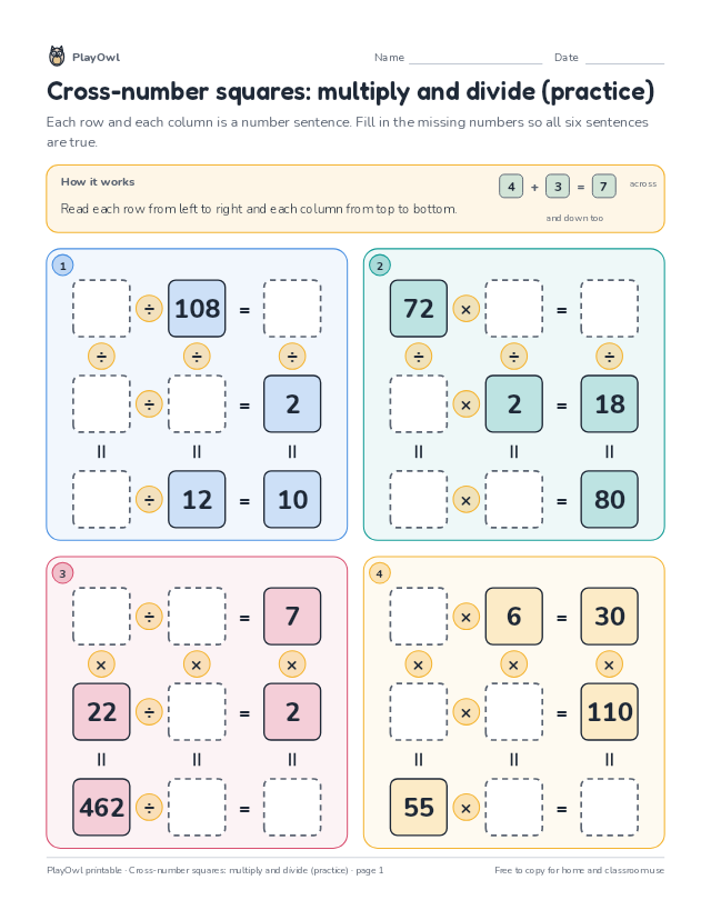 Cross-number squares: multiply and divide (practice): math puzzle for Grades 10–11, page 1 preview