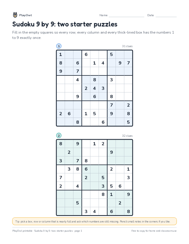 Sudoku 9 by 9: two starter puzzles: sudoku puzzle for Grade 10, page 1 preview