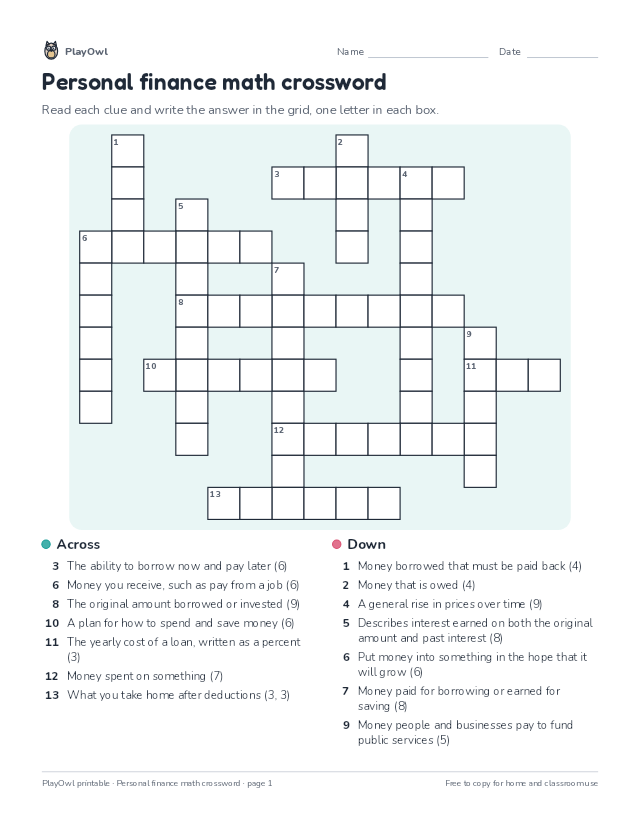 Personal finance math crossword: crossword puzzle for Grade 10, page 1 preview