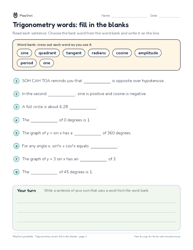 Trigonometry words: fill in the blanks: fill-in-the-blank worksheet for Grade 10, page 1 preview