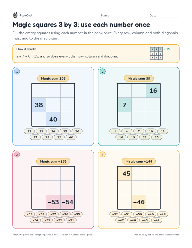 Magic squares 3 by 3: use each number once: math puzzle for Grade 10, page 1 preview