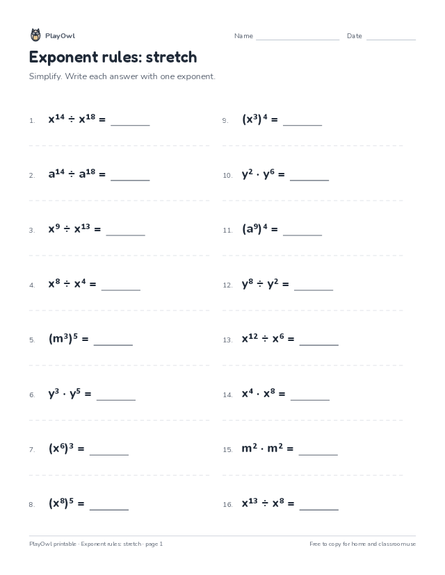 Exponent rules: stretch: math worksheet for Grade 10, page 1 preview