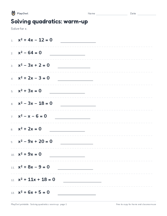 Solving quadratics: warm-up: math worksheet for Grade 10, page 1 preview