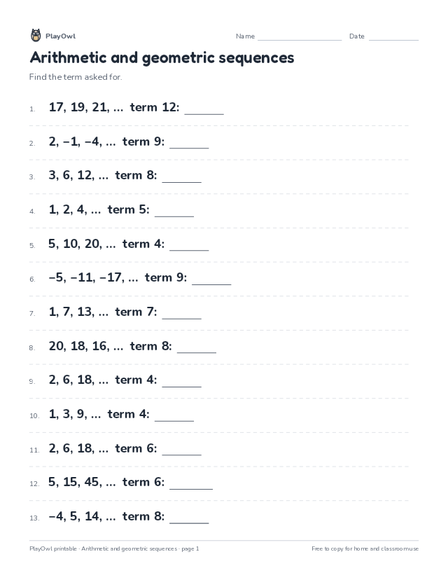 Arithmetic and geometric sequences: math worksheet for Grade 10, page 1 preview