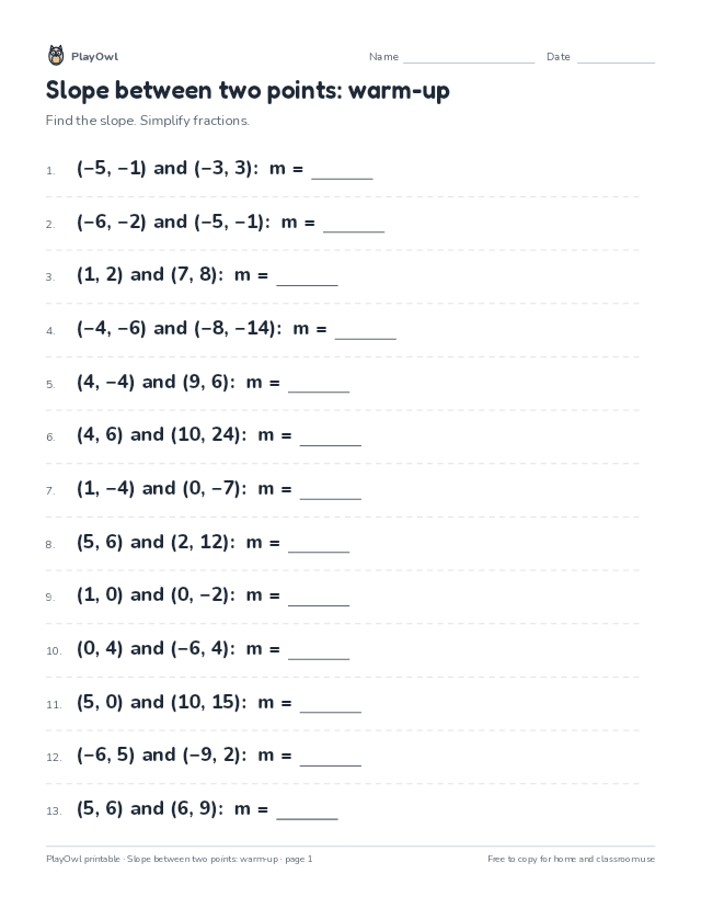Slope between two points: warm-up: math worksheet for Grade 10, page 1 preview