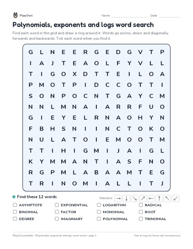 Polynomials, exponents and logs word search: word search for Grade 10, page 1 preview