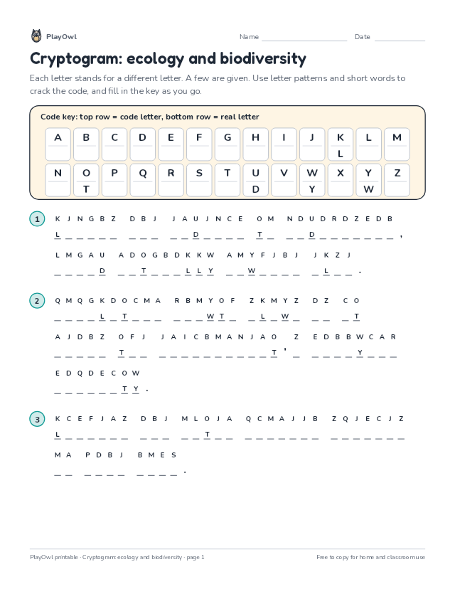 Cryptogram: ecology and biodiversity: secret code puzzle for Grade 10, page 1 preview