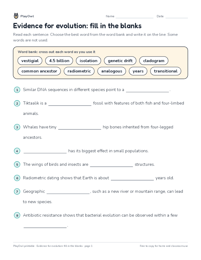 Evidence for evolution: fill in the blanks: fill-in-the-blank worksheet for Grade 10, page 1 preview
