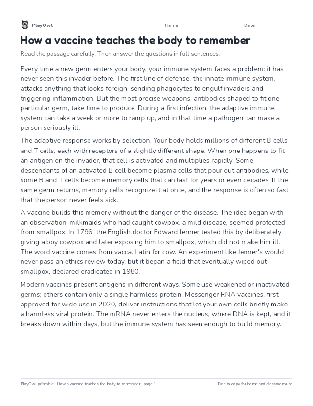 How a vaccine teaches the body to remember: reading passage for Grades 10–12, page 1 preview