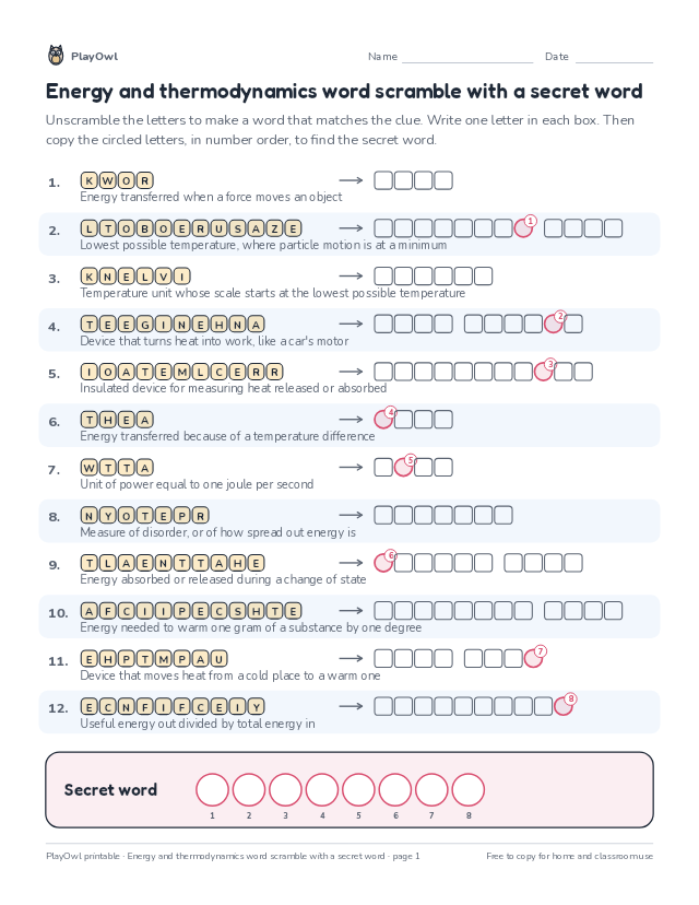 Energy and thermodynamics word scramble with a secret word: word scramble for Grade 10, page 1 preview