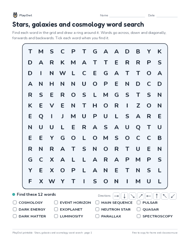 Stars, galaxies and cosmology word search: word search for Grade 10, page 1 preview