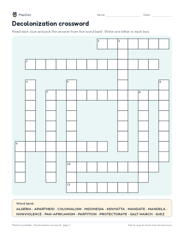 Decolonization crossword: crossword puzzle for Grade 10, page 1 preview