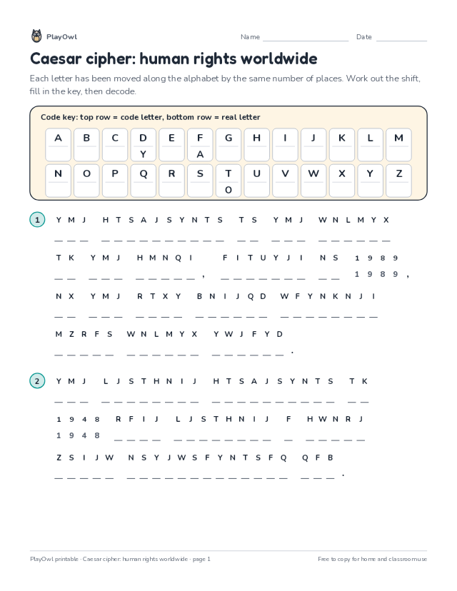 Caesar cipher: human rights worldwide: secret code puzzle for Grade 10, page 1 preview