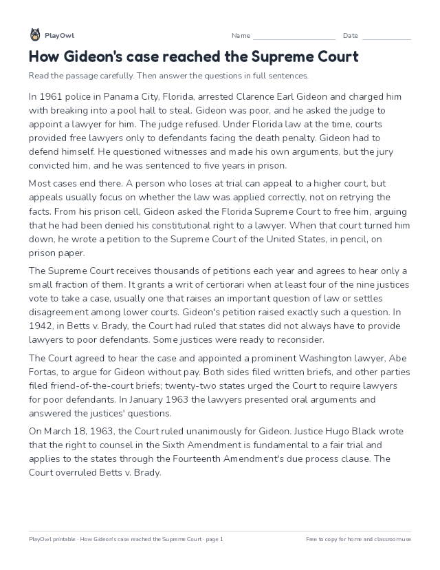 How Gideon's case reached the Supreme Court: reading passage for Grades 10–12, page 1 preview