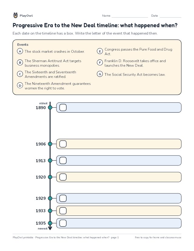 Progressive Era to the New Deal timeline: what happened when?: timeline worksheet for Grade 10, page 1 preview