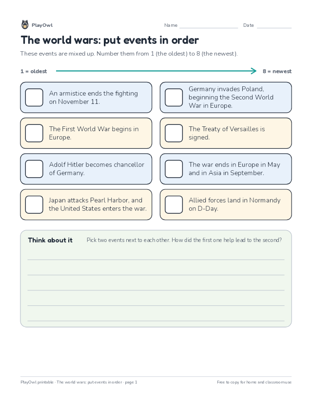 The world wars: put events in order: timeline worksheet for Grade 10, page 1 preview