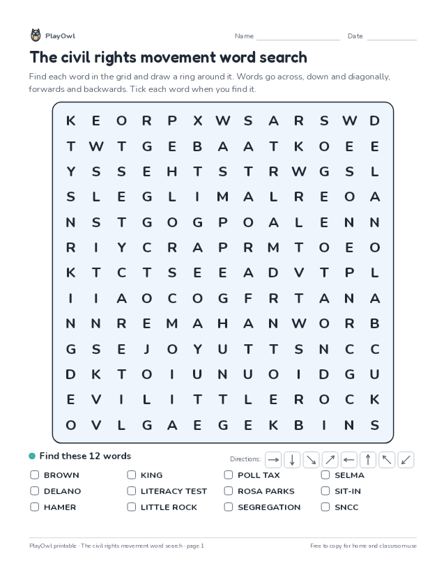 The civil rights movement word search: word search for Grade 10, page 1 preview