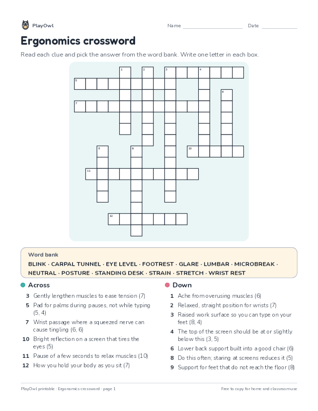Ergonomics crossword: crossword puzzle for Grade 10, page 1 preview