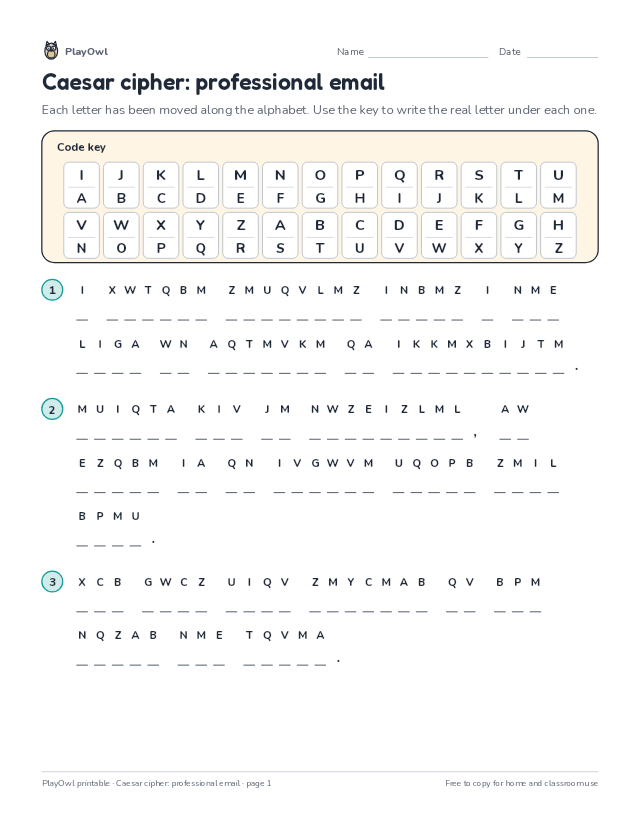 Caesar cipher: professional email: secret code puzzle for Grade 10, page 1 preview