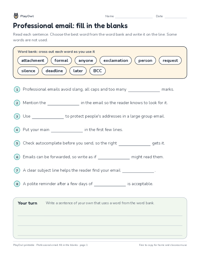 Professional email: fill in the blanks: fill-in-the-blank worksheet for Grade 10, page 1 preview