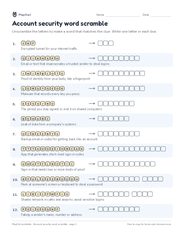 Account security word scramble: word scramble for Grades 10–11, page 1 preview